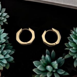 Chunky Huggie Hoops Earrings Angular Gold Plated Hexagonal Earrings